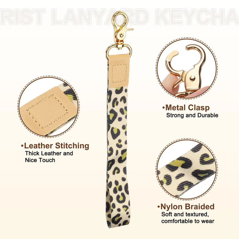 Wrist Lanyard Keychain, Braided Wristlet Strap with Gold Clasp, Leopard