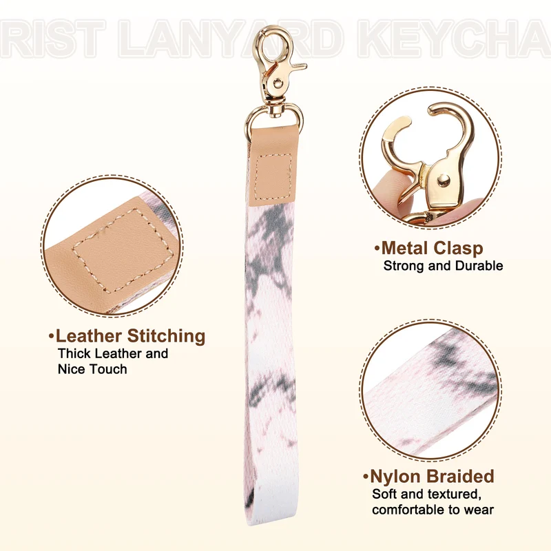 Wrist Lanyard Keychain, Braided Wristlet Strap with Gold Clasp, White Marble