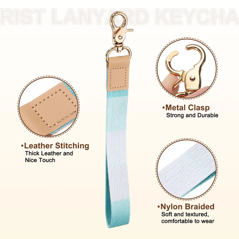 Wrist Lanyard Keychain, Braided Wristlet Strap with Gold Clasp, Azure Blue