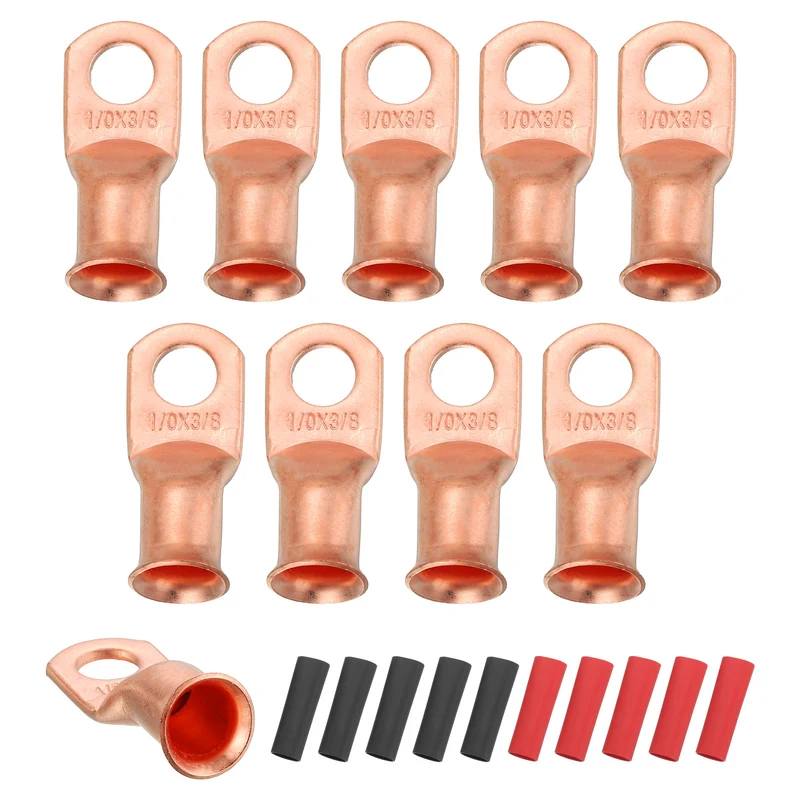 10 Pcs 3/8" Stud 1/0AWG Battery Cable End with 10pcs 3:1 Heat Shrink, Gold