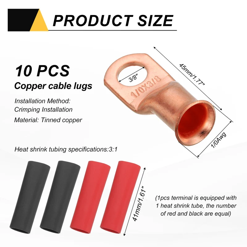 10 Pcs 3/8" Stud 1/0AWG Battery Cable End with 10pcs 3:1 Heat Shrink, Gold