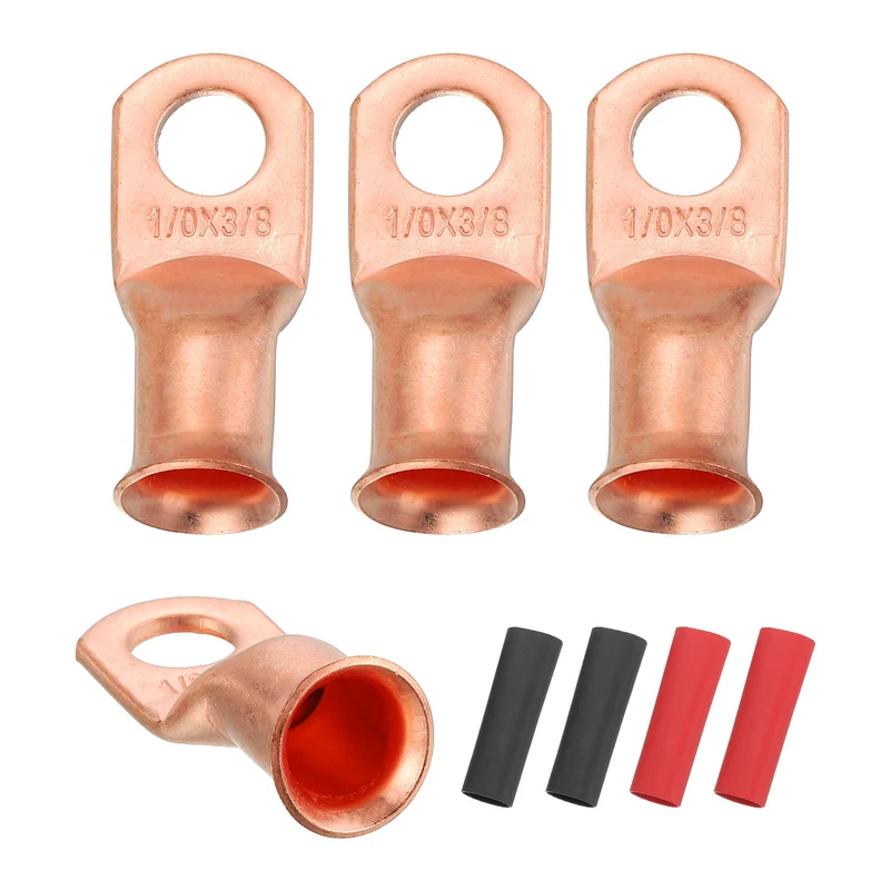 4 Pcs 3/8" Stud 1/0AWG Battery Cable End with 4pcs 3:1 Heat Shrink, Gold