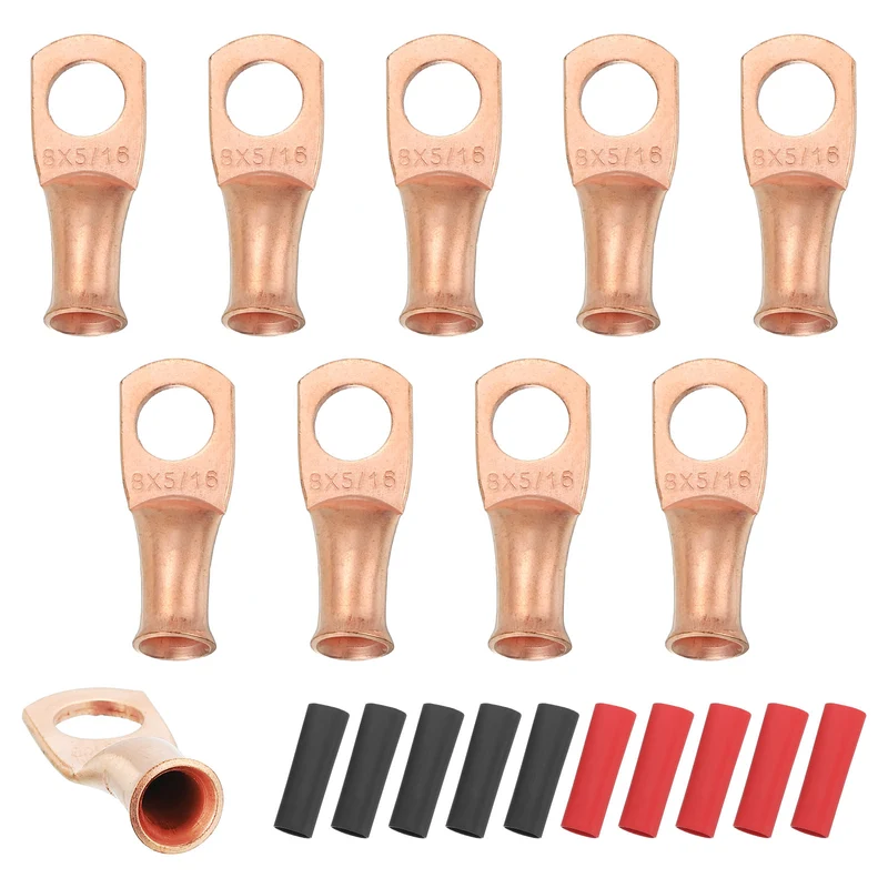 10 Pcs 5/16" Stud 8AWG Battery Cable End with 10pcs 2:1 Heat Shrink, Gold