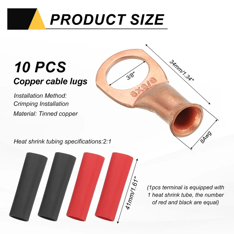 10 Pcs 3/8" Stud 8AWG Battery Cable End with 10pcs 2:1 Heat Shrink, Gold