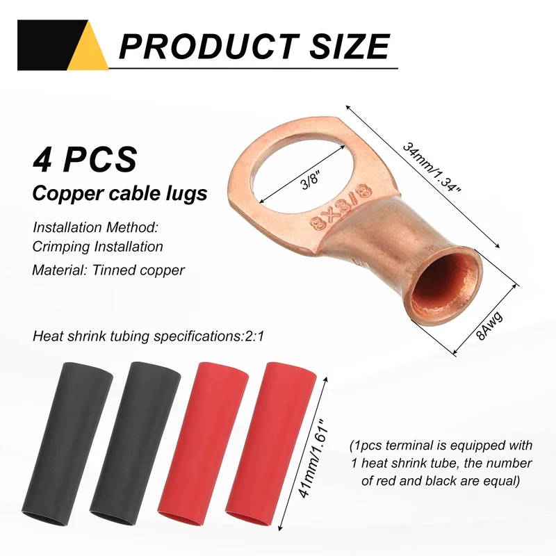 4 Pcs 3/8" Stud 8AWG Battery Cable End with 4pcs 2:1 Heat Shrink, Gold