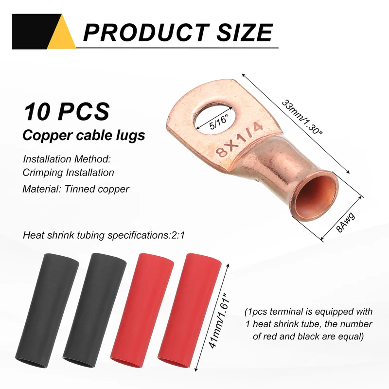 10 Pcs 1/4" Stud 8AWG Battery Cable End with 10pcs 2:1 Heat Shrink, Gold