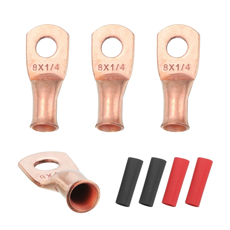 4 Pcs 1/4" Stud 8AWG Battery Cable End with 4pcs 2:1 Heat Shrink, Gold