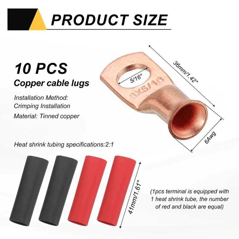 10 Pcs 5/16" Stud 6AWG Battery Cable End with 10pcs 2:1 Heat Shrink, Gold