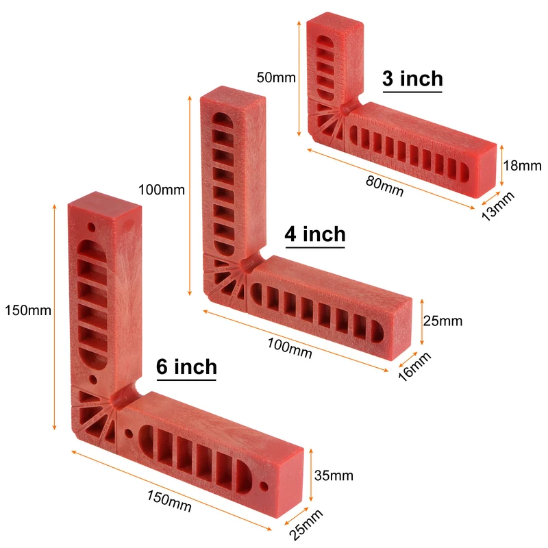 6pcs 90 Degree Positioning Squares 3"/4"/6" Right Angle Corner Clamps, Red