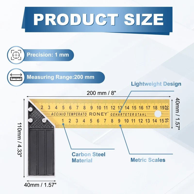 8 Inch Woodworking Square Ruler Metal Metric Try Square, Yellow Black