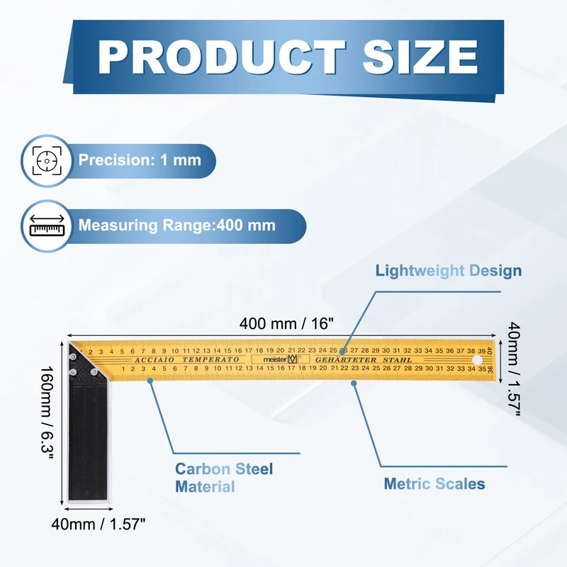 16 Inch Woodworking Square Ruler Metal Metric Try Square, Yellow Black