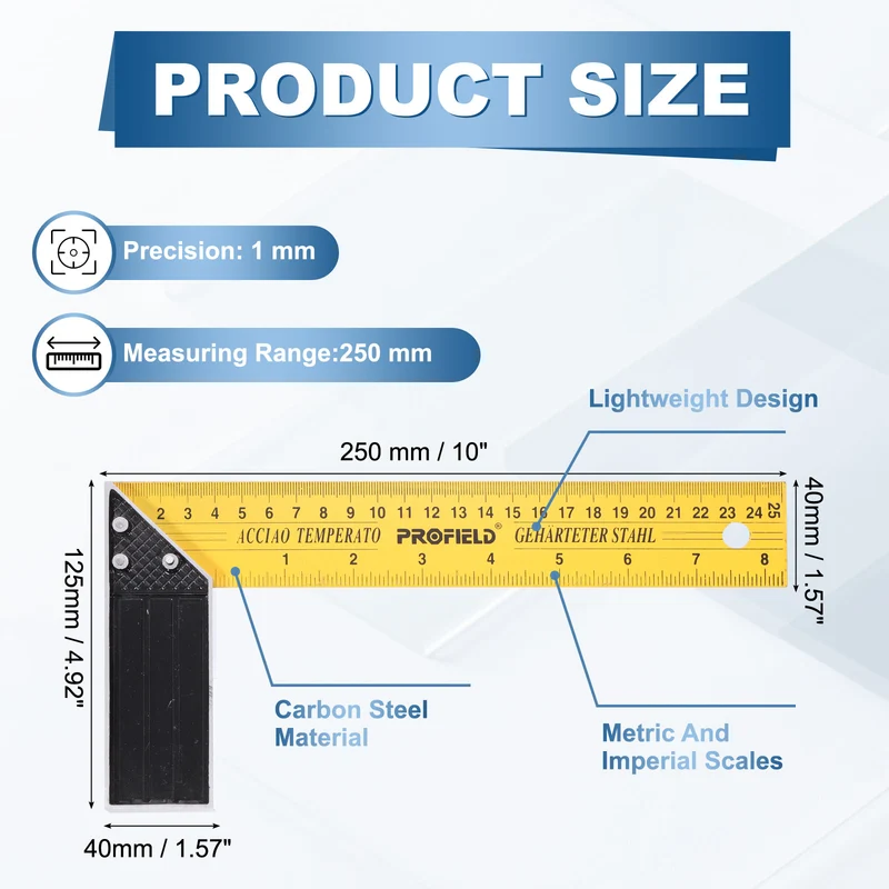 10 Inch Woodworking Square Ruler Metal Try Square, Yellow Black
