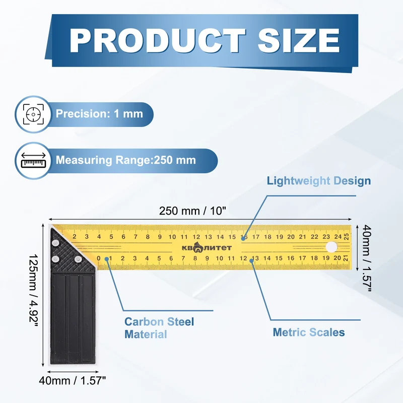10 Inch Woodworking Square Ruler Metal Metric Try Square, Yellow Black