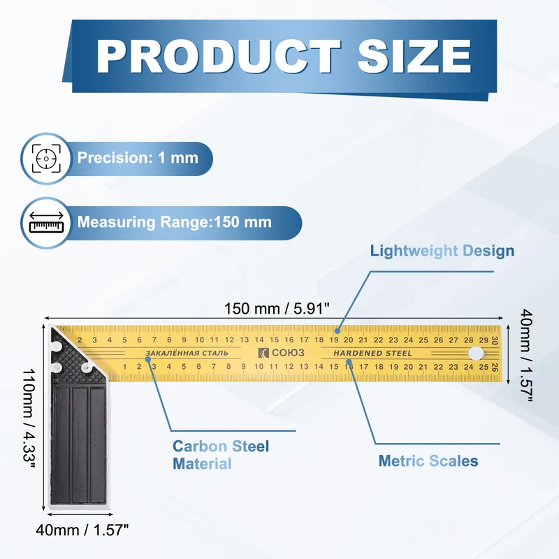 6 Inch Woodworking Square Ruler Metal Metric Try Square, Yellow Black