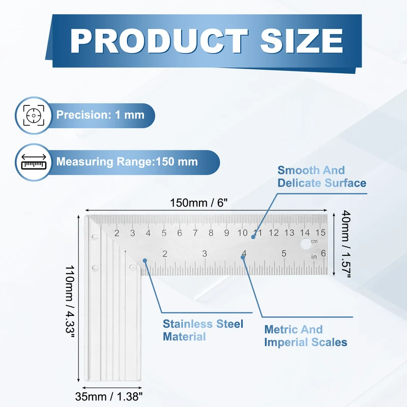 6" Woodworking Square Ruler Stainless Steel Try Square with Alloy Handle