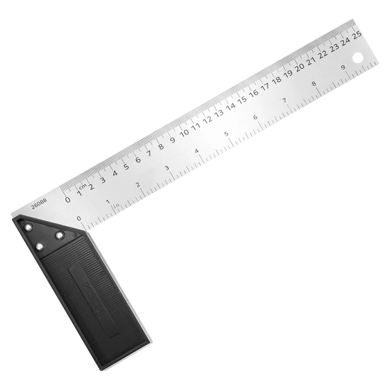 10 Inch Stainless Steel Woodworking Square Ruler, Silver Black