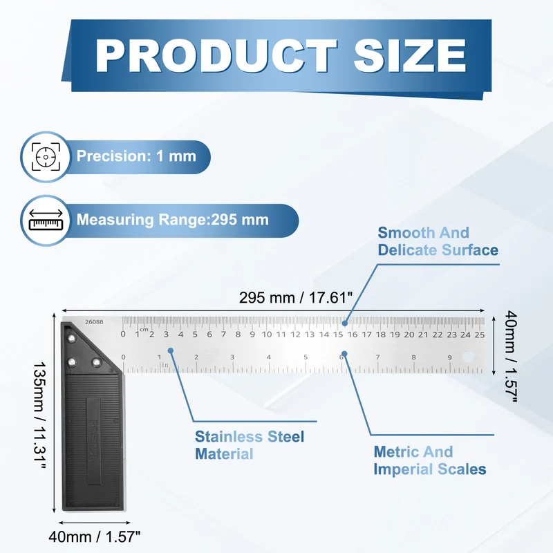 10 Inch Stainless Steel Woodworking Square Ruler, Silver Black