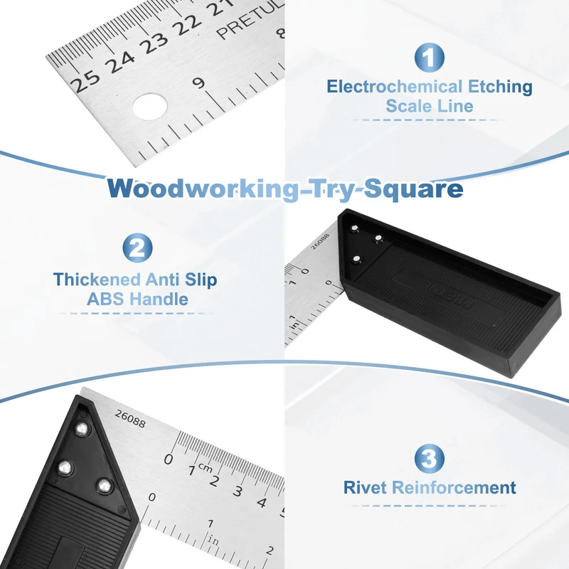 10 Inch Stainless Steel Woodworking Square Ruler, Silver Black