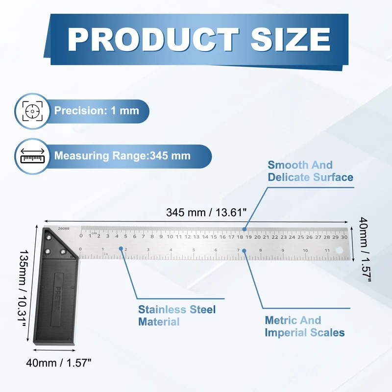 12 Inch Stainless Steel Woodworking Square Ruler, Silver Black
