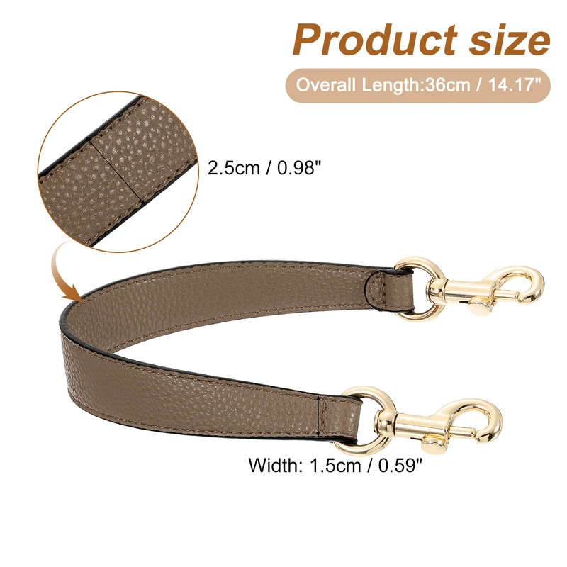 15.53 Inch PU Leather Short Bag Strap with Clasp, Dark Khaki, Gold Buckle