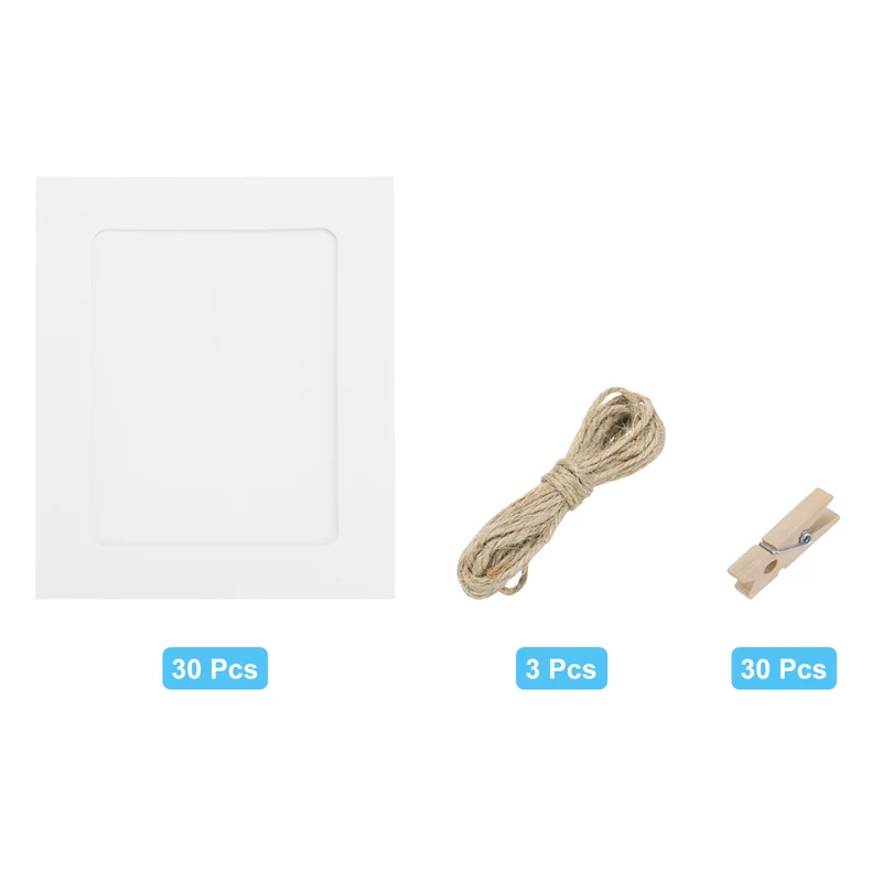 30PCS Paper Photo Frame, 4.5 x 4 Inch Cardboard Picture Frames with Clips & Strings, DIY Photo Hanging Display for Home Office Decor, White