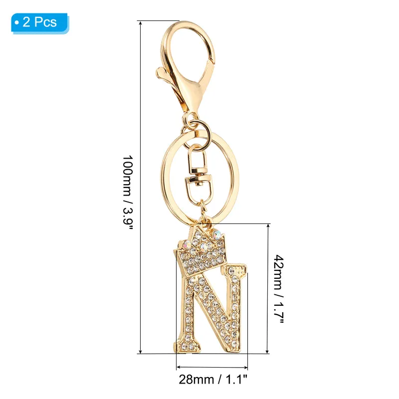 Initial Letter Keychain, 2 Pcs Letter N Crown Design Charm, Gold Tone