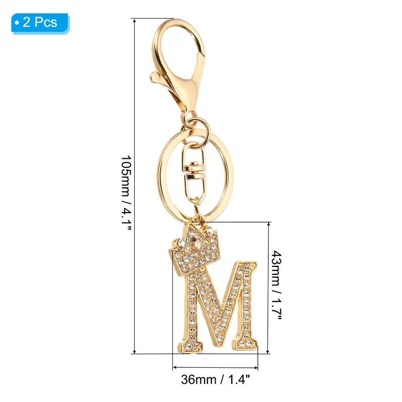 Initial Letter Keychain, 2 Pcs Letter m Crown Design Charm, Gold Tone