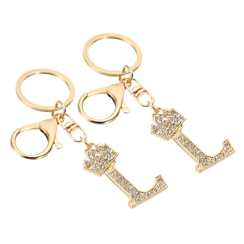 Initial Letter Keychain, 2 Pcs Letter l Crown Design Charm, Gold Tone