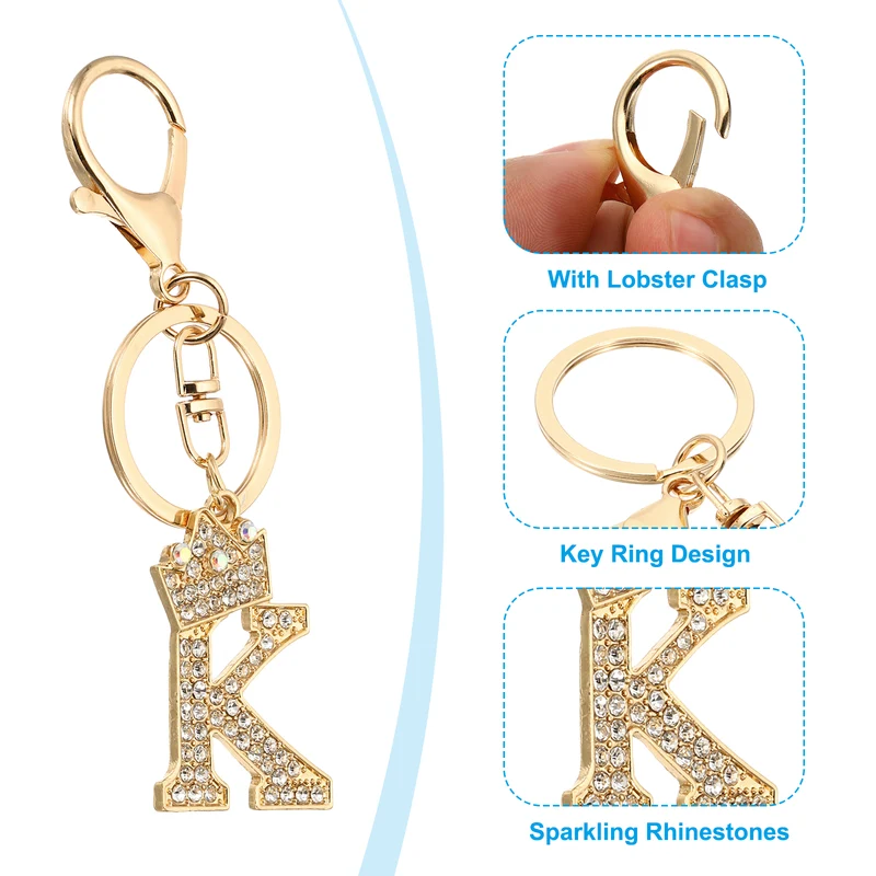 Initial Letter Keychain, 2 Pcs Letter K Crown Design Charm, Gold Tone