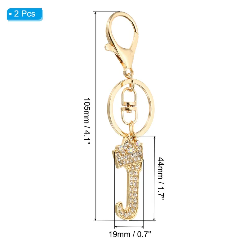 Initial Letter Keychain, 2 Pcs Letter J Crown Design Charm, Gold Tone