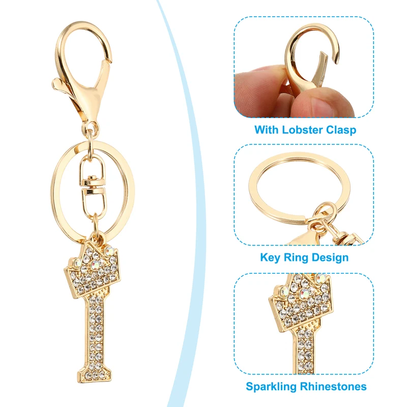 Initial Letter Keychain, 2 Pcs Letter I Crown Design Charm, Gold Tone