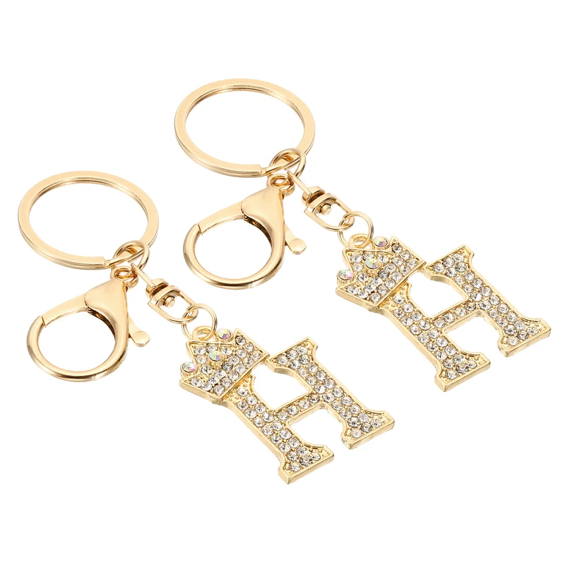 Initial Letter Keychain, 2 Pcs Letter H Crown Design Charm, Gold Tone