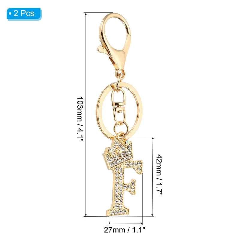 Initial Letter Keychain, 2 Pcs Letter F Crown Design Charm, Gold Tone