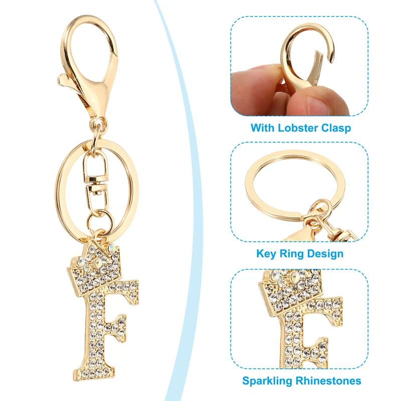 Initial Letter Keychain, 2 Pcs Letter F Crown Design Charm, Gold Tone