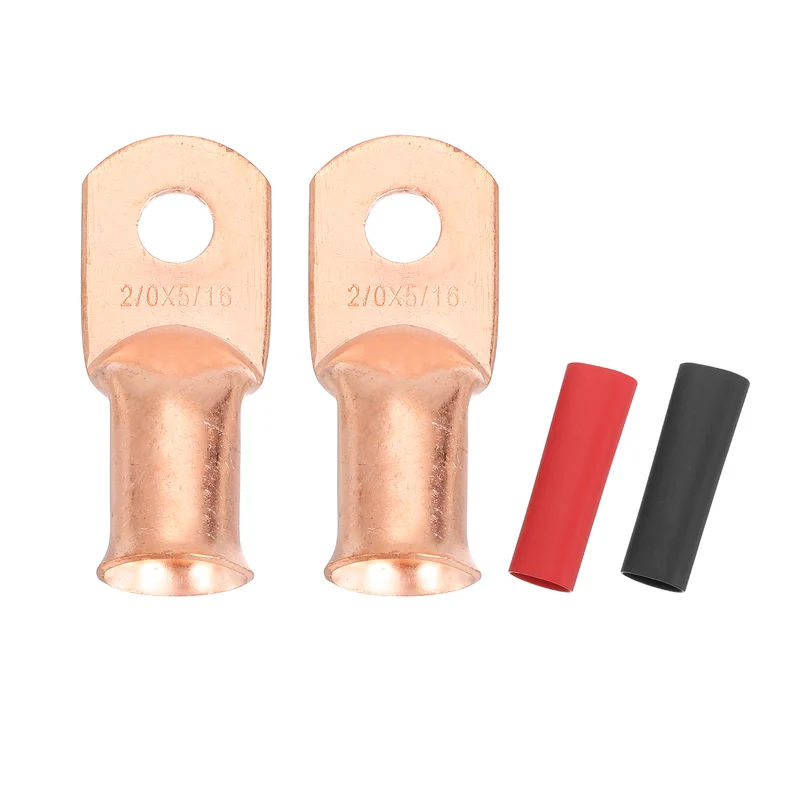 2 Pcs 5/16" Stud 2/0AWG Battery Cable End with 2pcs 2:1 Heat Shrink, Gold