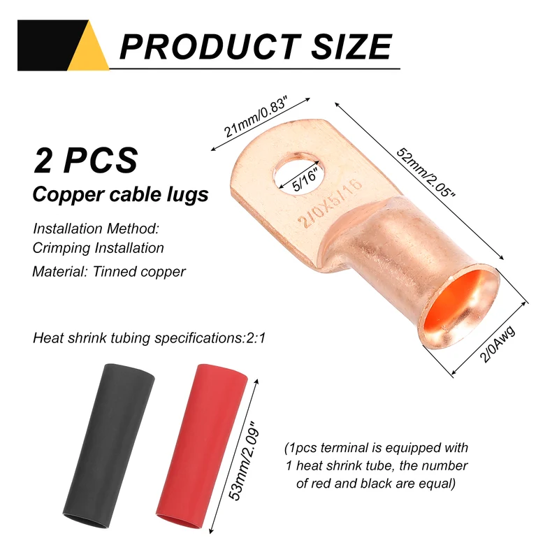 2 Pcs 5/16" Stud 2/0AWG Battery Cable End with 2pcs 2:1 Heat Shrink, Gold