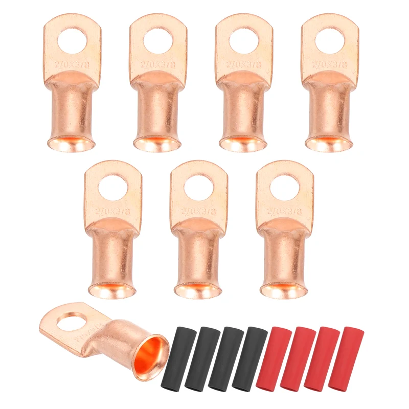 8 Pcs 3/8" Stud 2/0AWG Battery Cable End with 8pcs 2:1 Heat Shrink, Gold