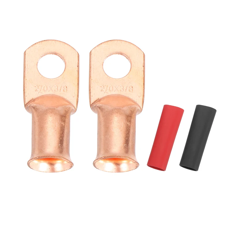 2 Pcs 3/8" Stud 2/0AWG Battery Cable End with 2pcs 2:1 Heat Shrink, Gold