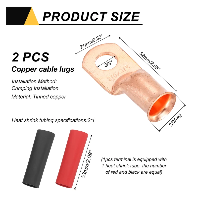 2 Pcs 3/8" Stud 2/0AWG Battery Cable End with 2pcs 2:1 Heat Shrink, Gold