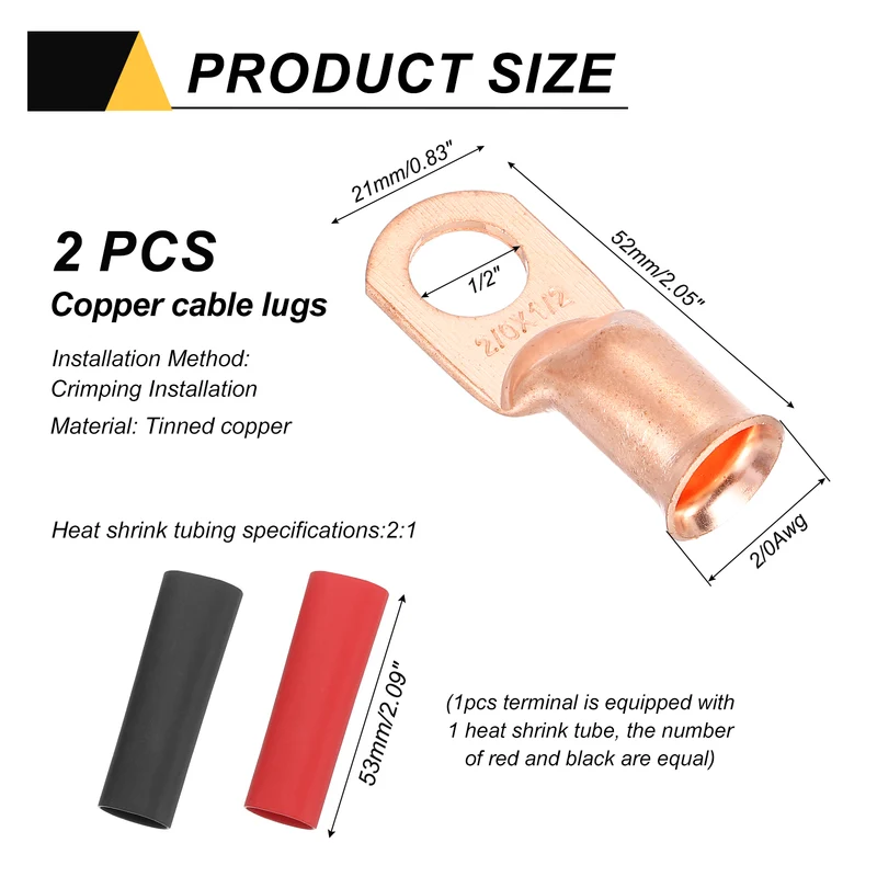 2 Pcs 1/2" Stud 2/0AWG Battery Cable End with 2pcs 2:1 Heat Shrink, Gold