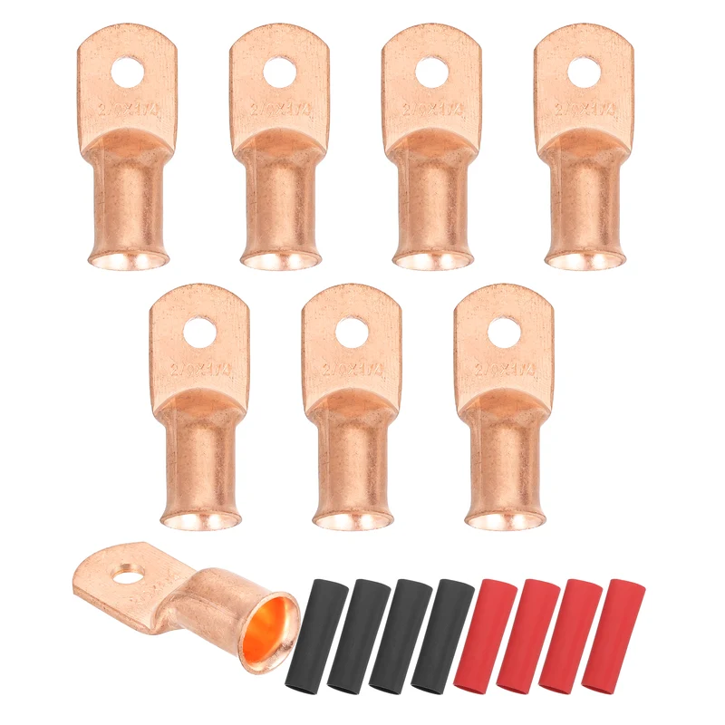 8 Pcs 1/4" Stud 2/0AWG Battery Cable End with 8pcs 2:1 Heat Shrink, Gold