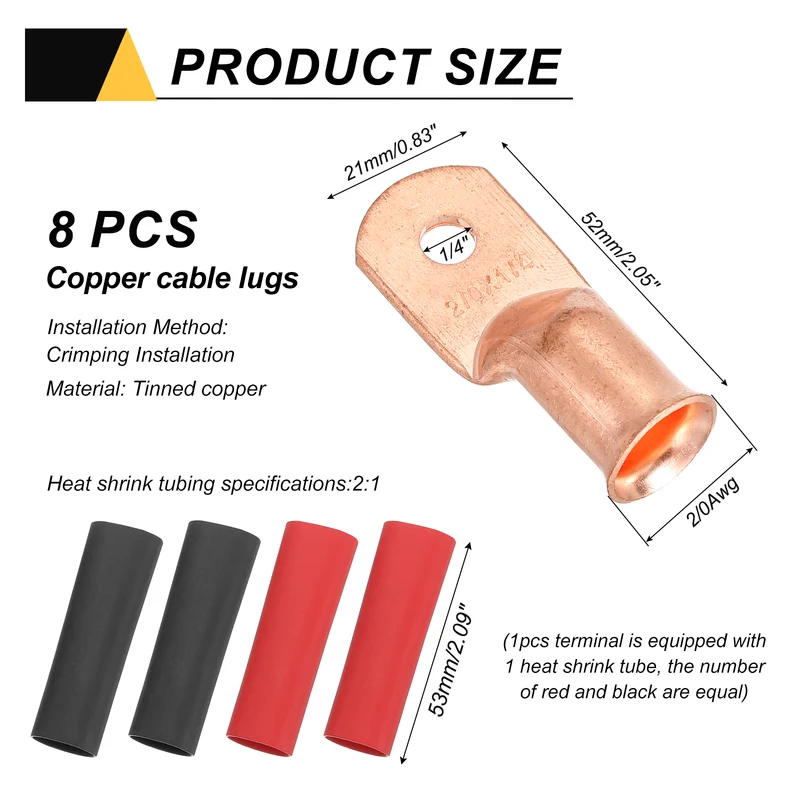 8 Pcs 1/4" Stud 2/0AWG Battery Cable End with 8pcs 2:1 Heat Shrink, Gold