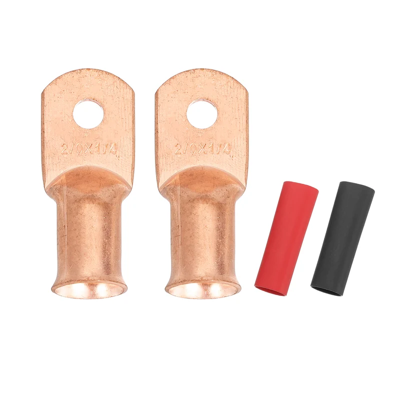 2 Pcs 1/4" Stud 2/0AWG Battery Cable End with 2pcs 2:1 Heat Shrink, Gold