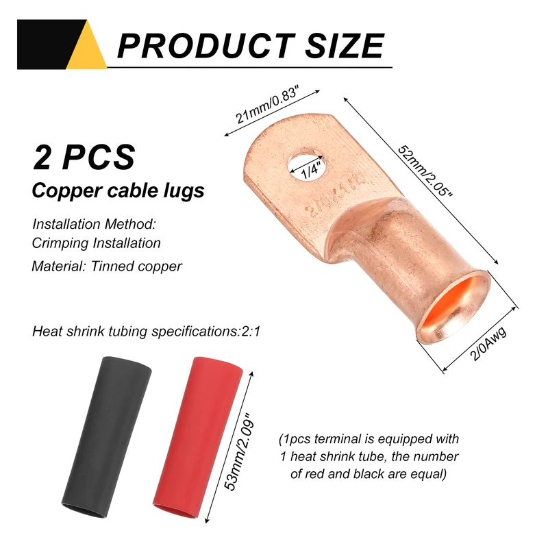 2 Pcs 1/4" Stud 2/0AWG Battery Cable End with 2pcs 2:1 Heat Shrink, Gold