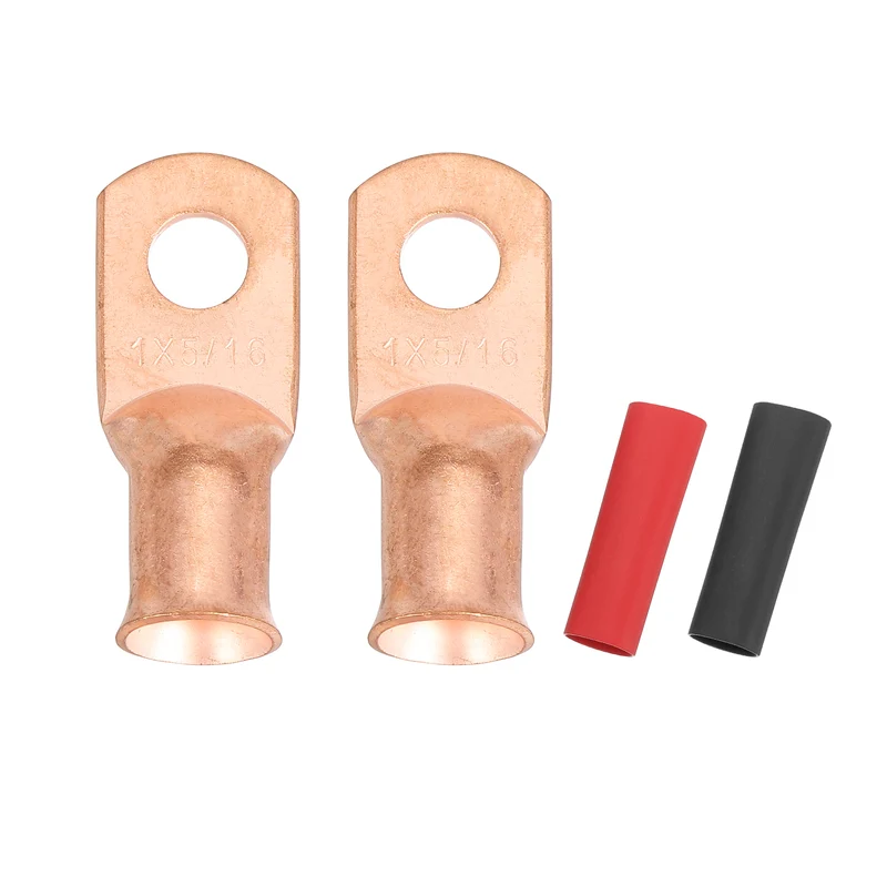 2 Pcs 5/16" Stud 1AWG Battery Cable End with 2pcs 2:1 Heat Shrink, Gold