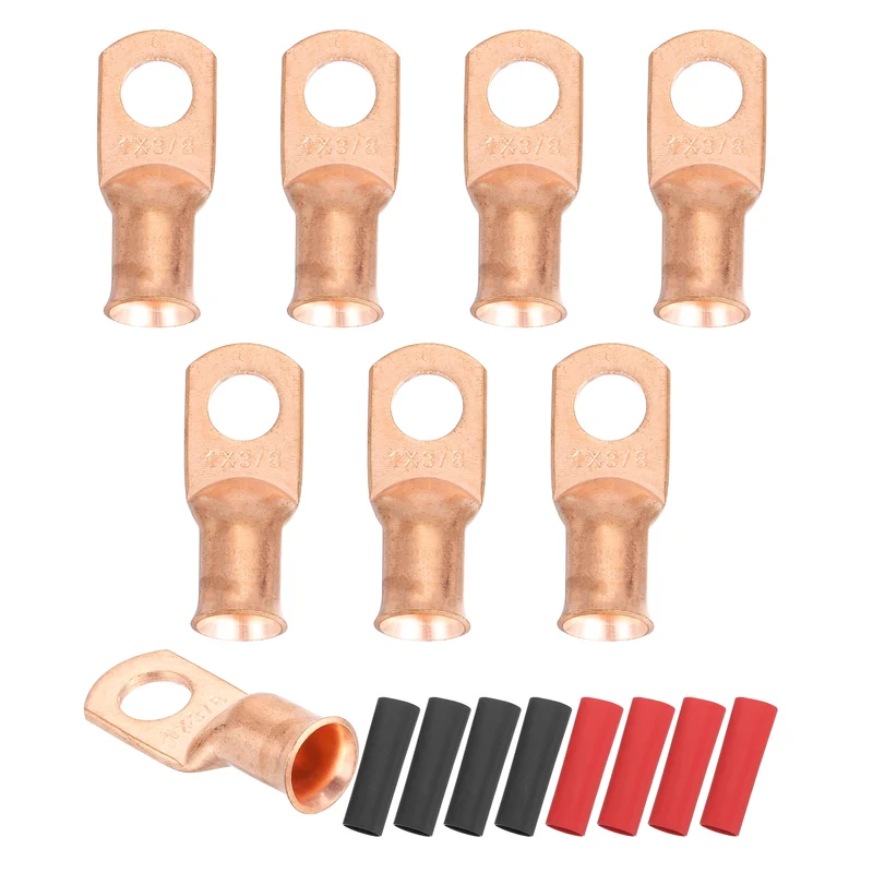 8 Pcs 3/8" Stud 1AWG Battery Cable End with 8pcs 2:1 Heat Shrink, Gold