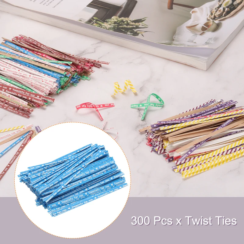 300 Pcs 4" Kraft Paper Twist Ties for Bread Candy Treat Bag, Blue/White