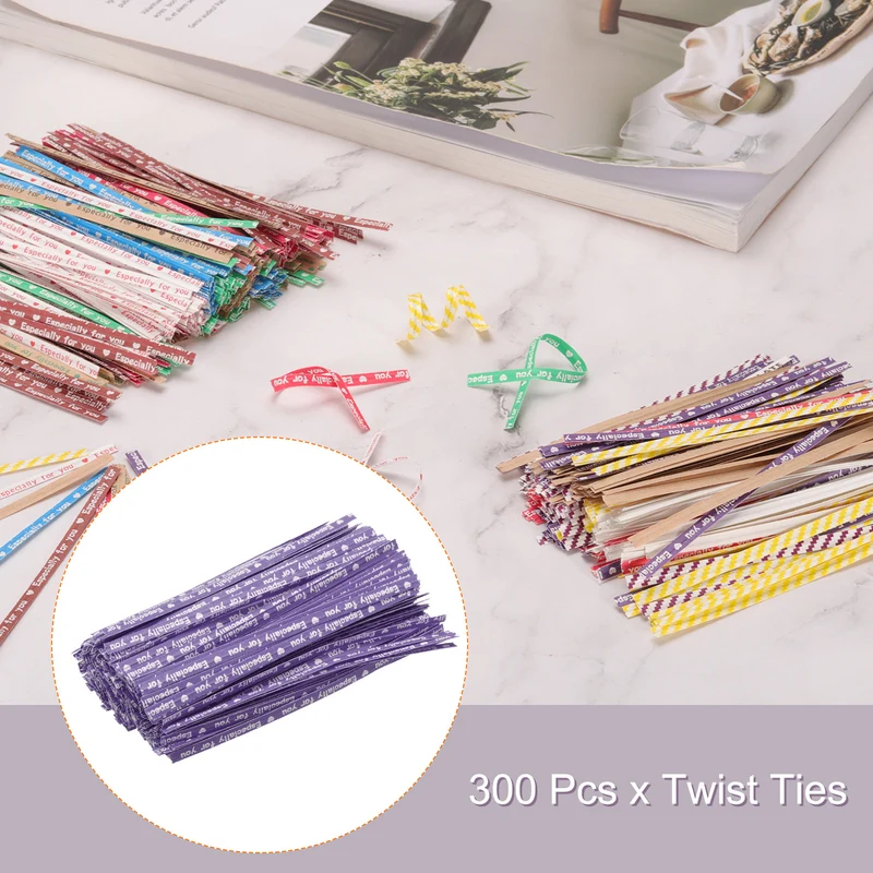 300 Pcs 4" Kraft Paper Twist Ties for Bread Candy Treat Bag, Purple/White