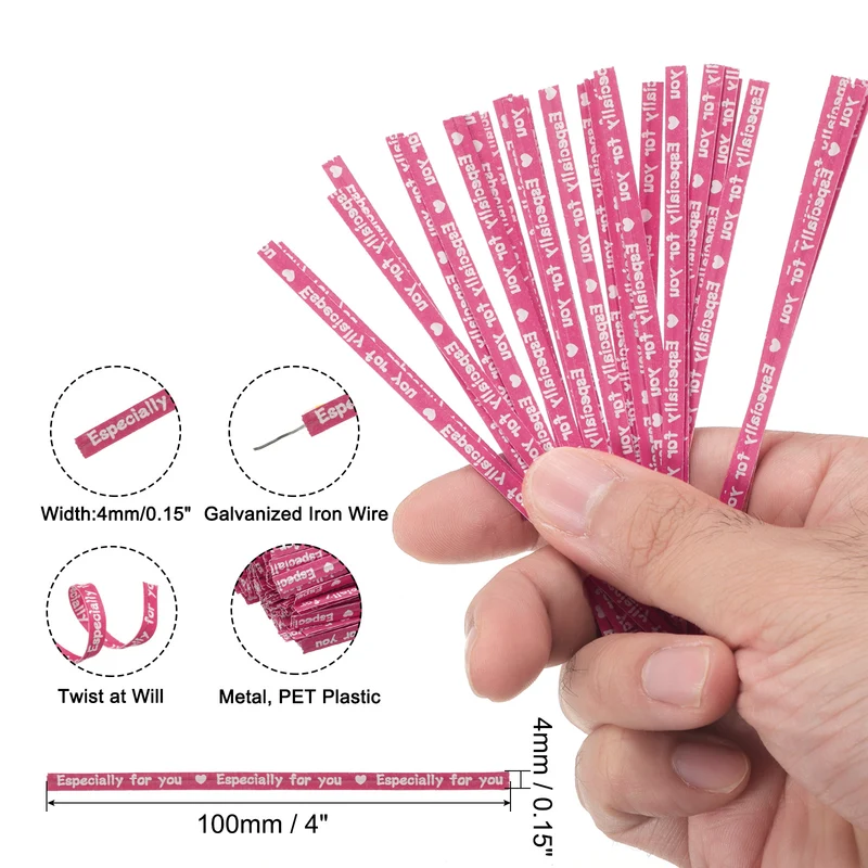 300 Pcs 4" Kraft Paper Twist Ties for Bread Candy Treat Bag, Rose Red/White