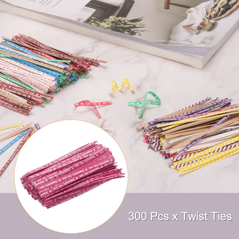 300 Pcs 4" Kraft Paper Twist Ties for Bread Candy Treat Bag, Rose Red/White